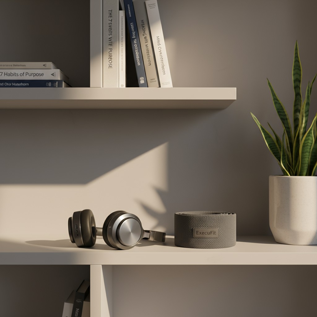 Alt text: A shelf holding a plant, headphones, books and a tin container.