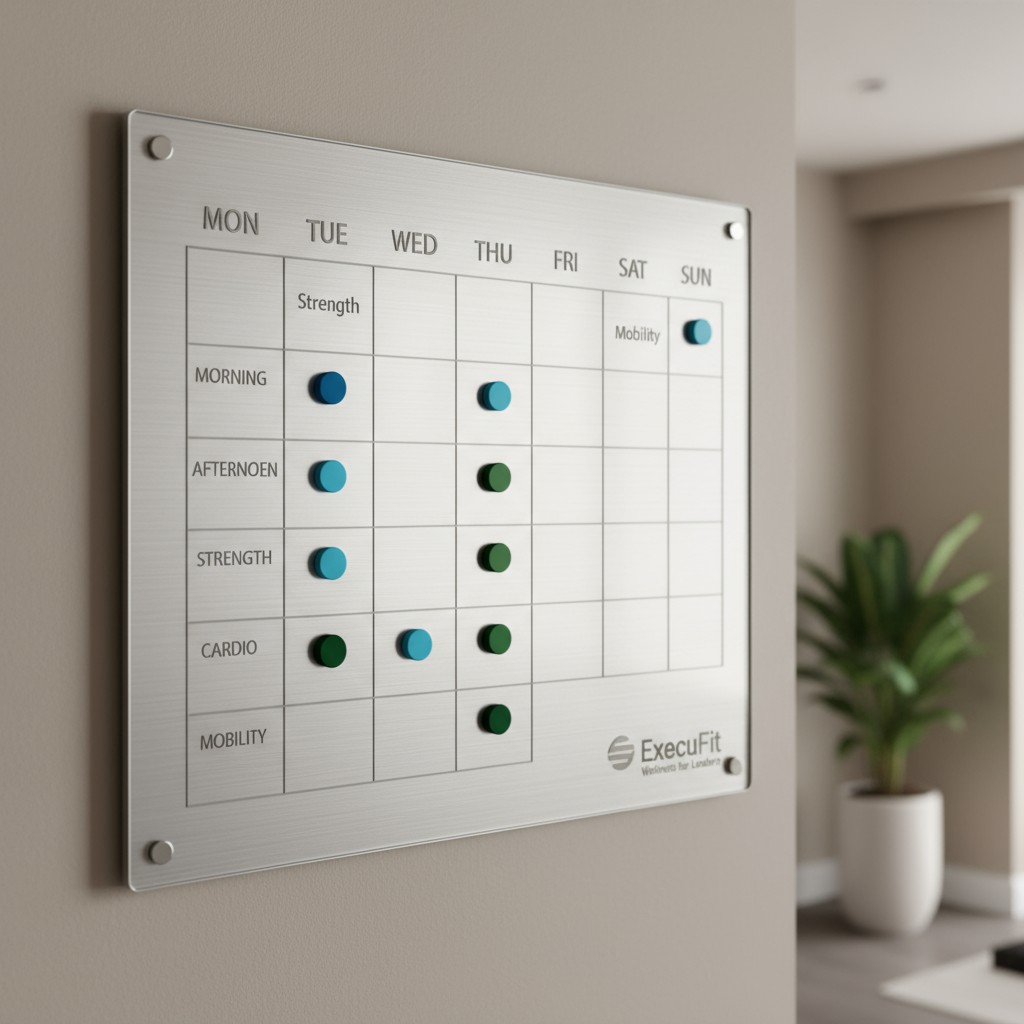 [alt text "A graph on a wall tracks physical exercises for each weekday." ]