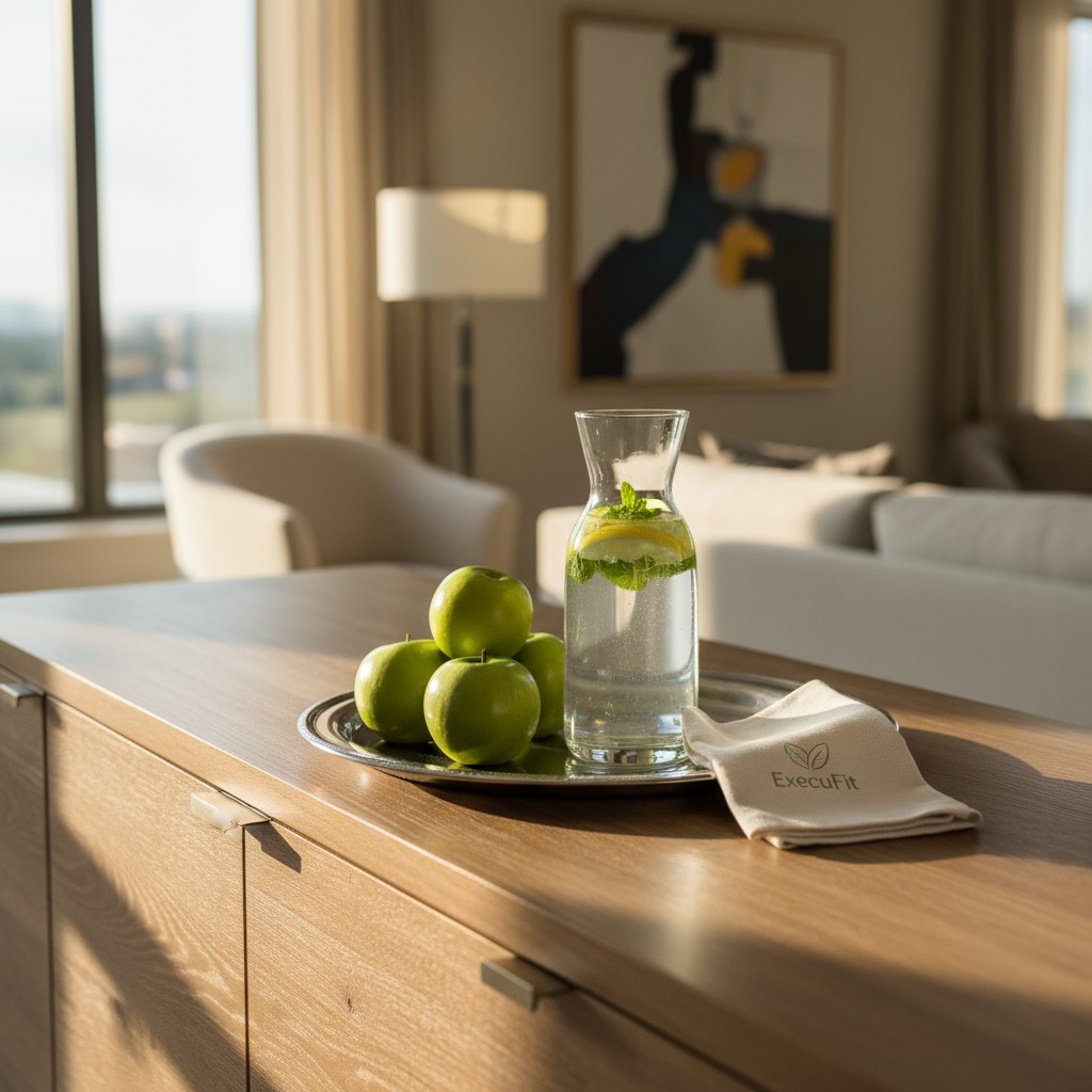 A glass carafe with cooler water and lemon, on top a tried metal plate with green apples. Executive towel with "ExecuFit" ...